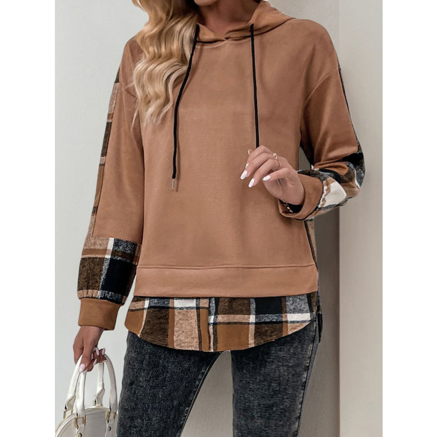 Perfee Drawstring Slit Plaid Long Sleeve Hoodie Apparel and Accessories