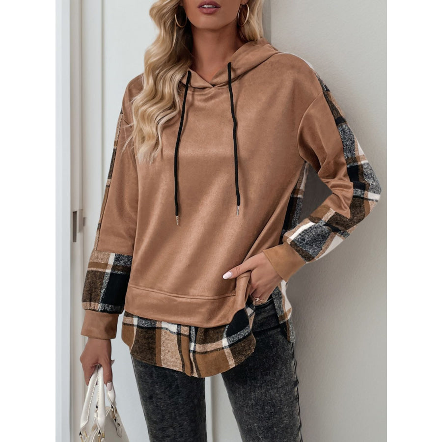 Perfee Drawstring Slit Plaid Long Sleeve Hoodie Camel / S Apparel and Accessories