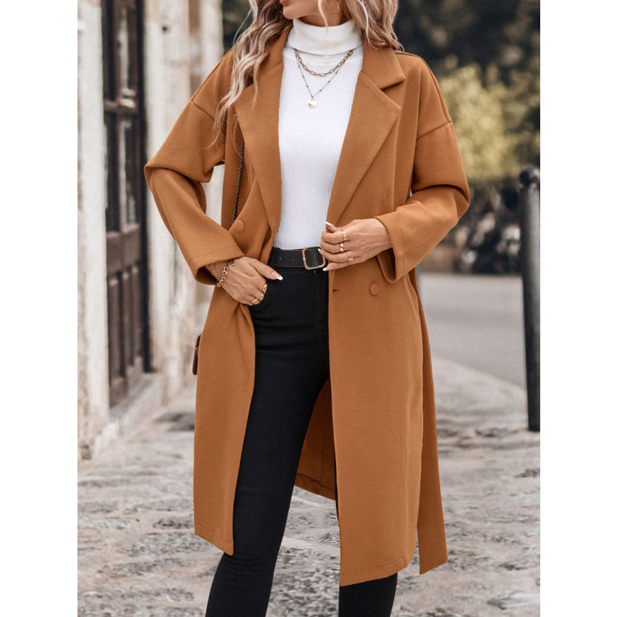 Perfee Dropped Shoulder Tie Waist Coat Apparel and Accessories