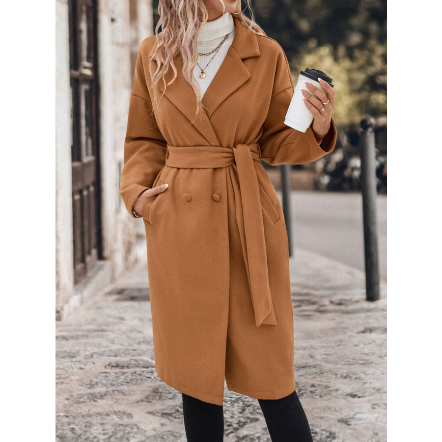 Perfee Dropped Shoulder Tie Waist Coat Caramel / S Apparel and Accessories