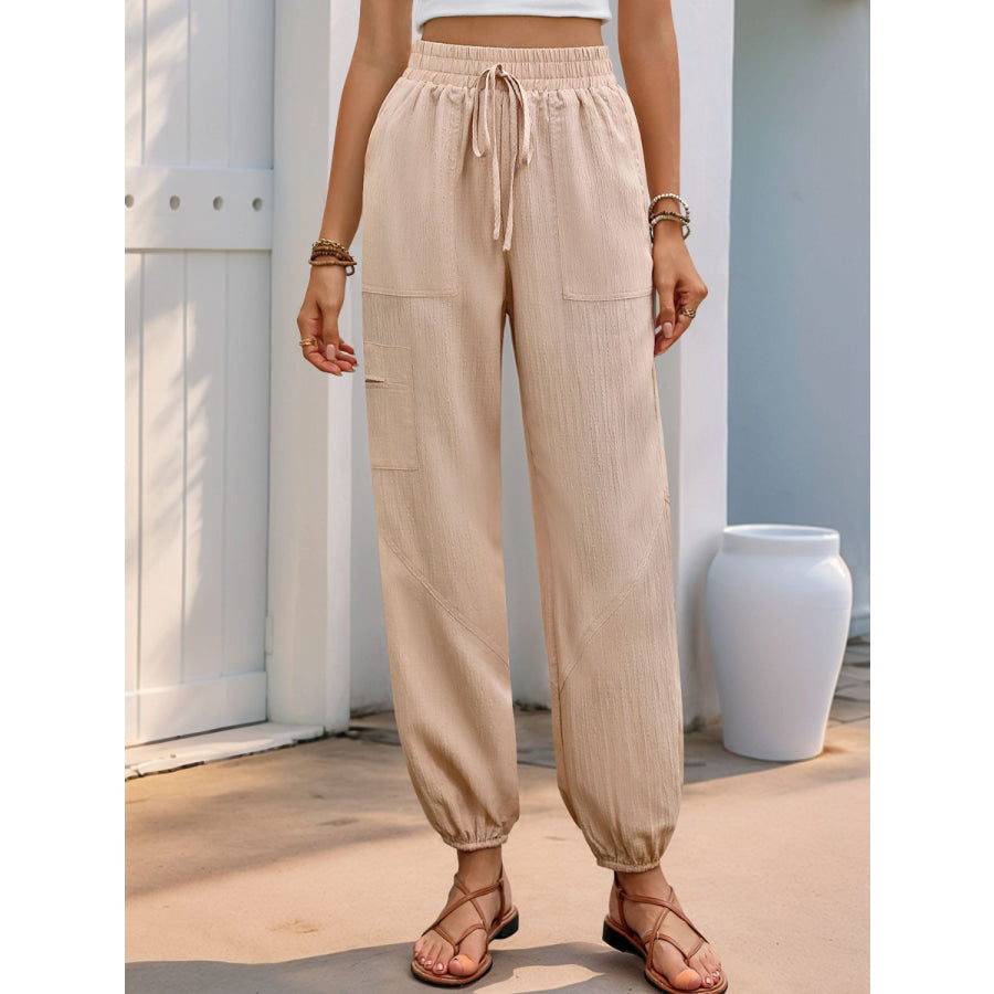 Perfee Elastic Waist Joggers with Pockets Tan / S Apparel and Accessories