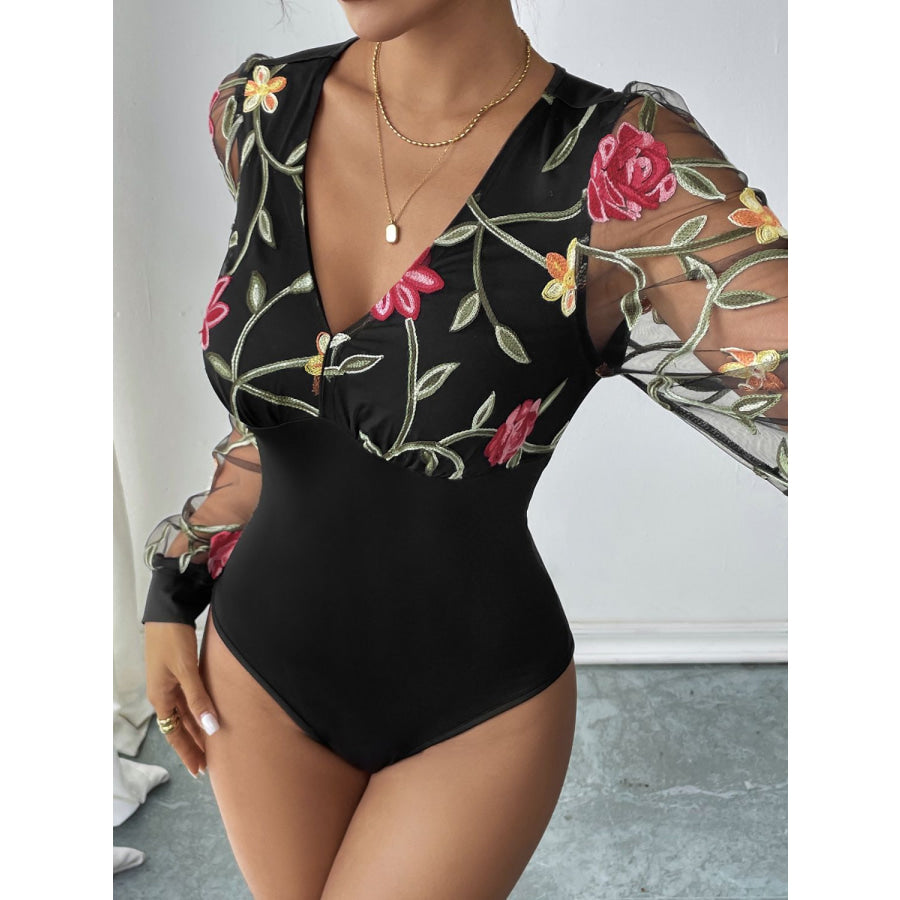 Perfee Embroidered V-Neck Long Sleeve Bodysuit Apparel and Accessories