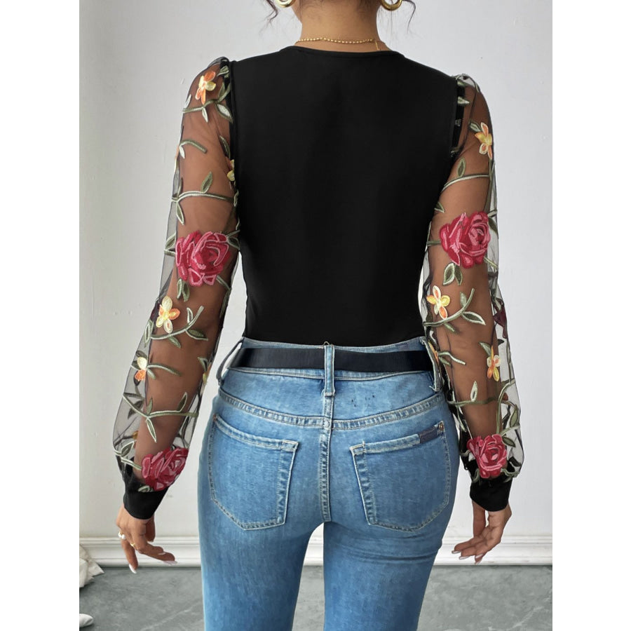 Perfee Embroidered V-Neck Long Sleeve Bodysuit Apparel and Accessories