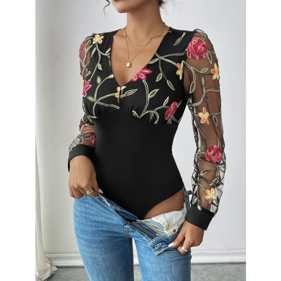 Perfee Embroidered V-Neck Long Sleeve Bodysuit Apparel and Accessories