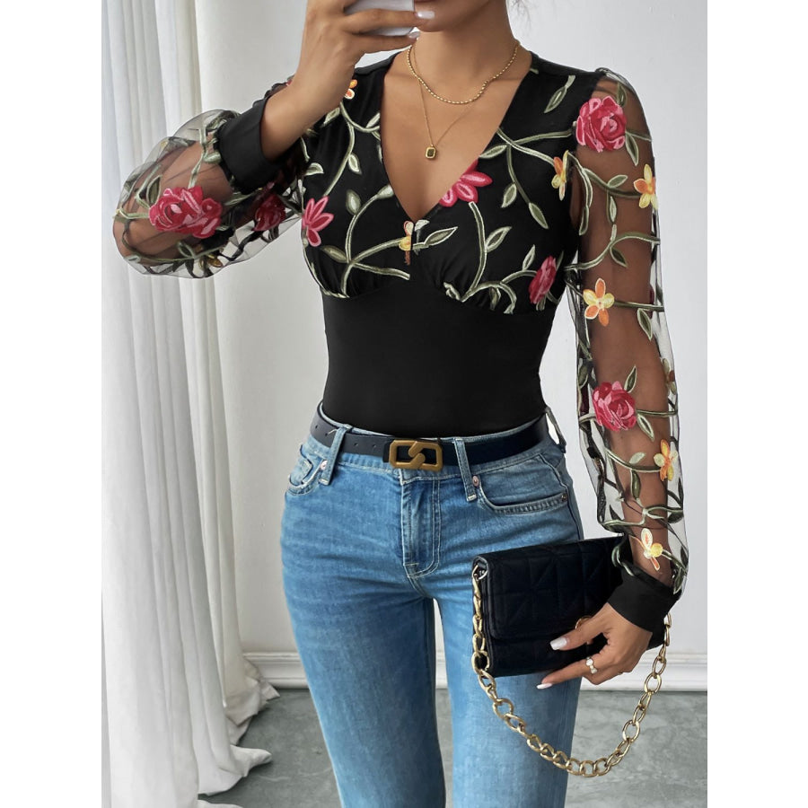 Perfee Embroidered V-Neck Long Sleeve Bodysuit Apparel and Accessories