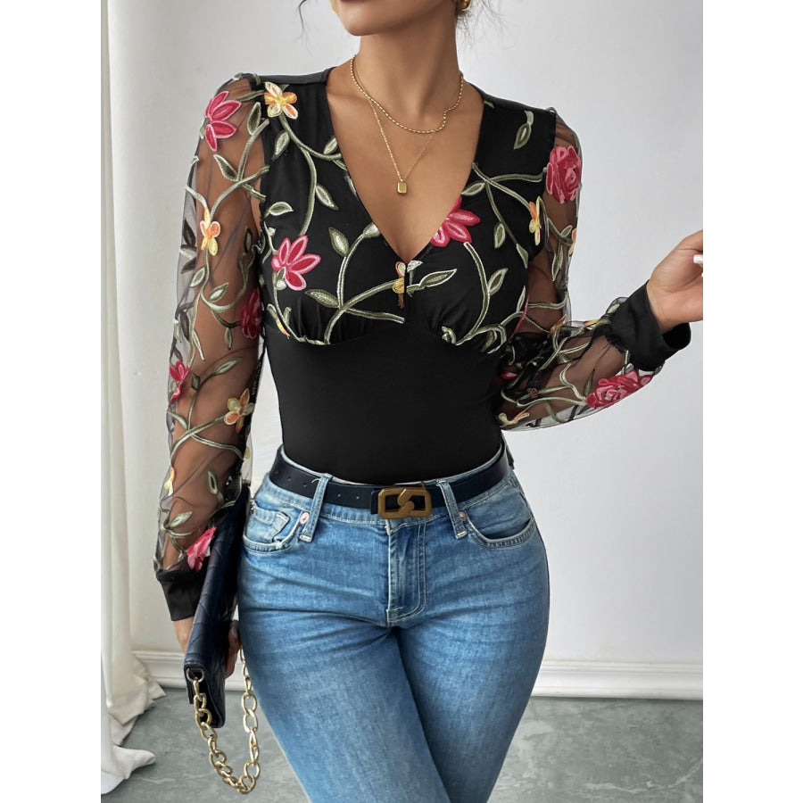 Perfee Embroidered V-Neck Long Sleeve Bodysuit Black / S Apparel and Accessories