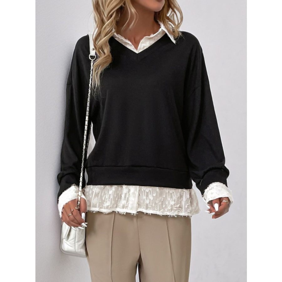 Perfee Faux Layered Contrast Long Sleeve Sweatshirt Apparel and Accessories