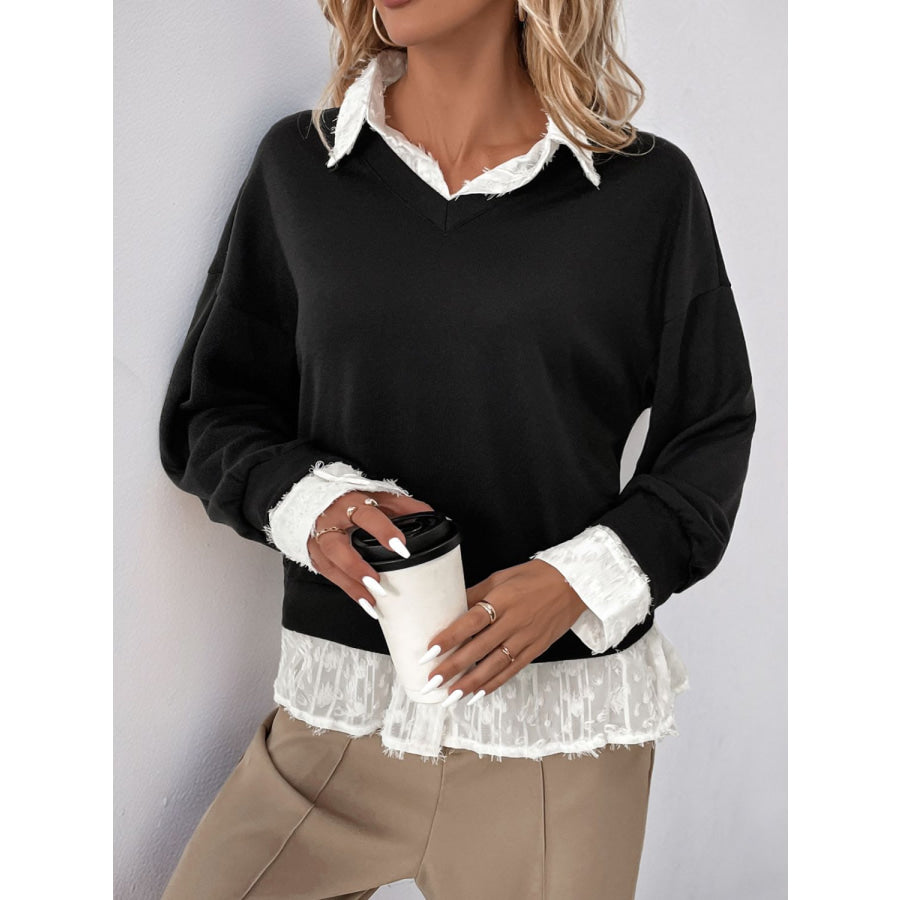 Perfee Faux Layered Contrast Long Sleeve Sweatshirt Apparel and Accessories