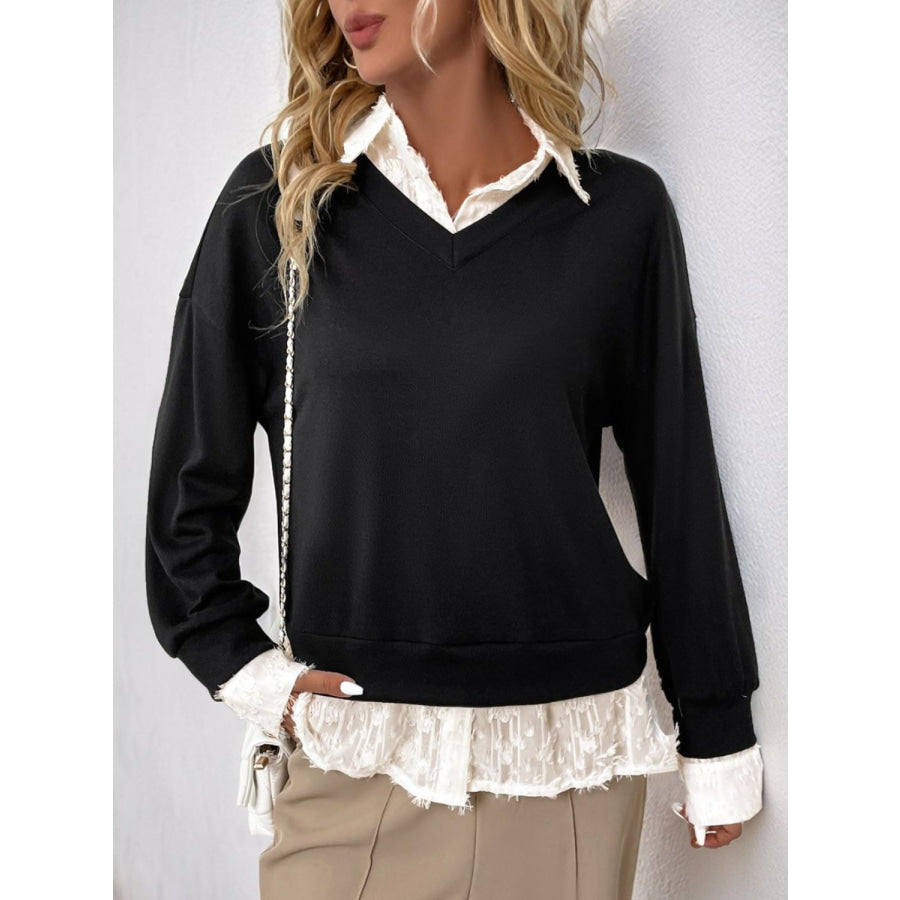 Perfee Faux Layered Contrast Long Sleeve Sweatshirt Apparel and Accessories