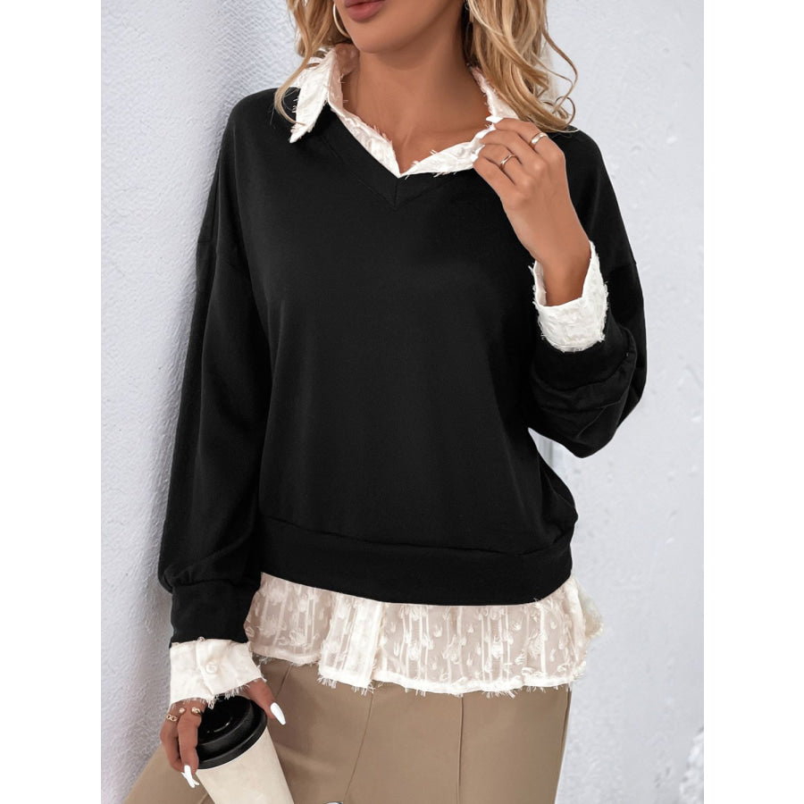 Perfee Faux Layered Contrast Long Sleeve Sweatshirt Black / S Apparel and Accessories