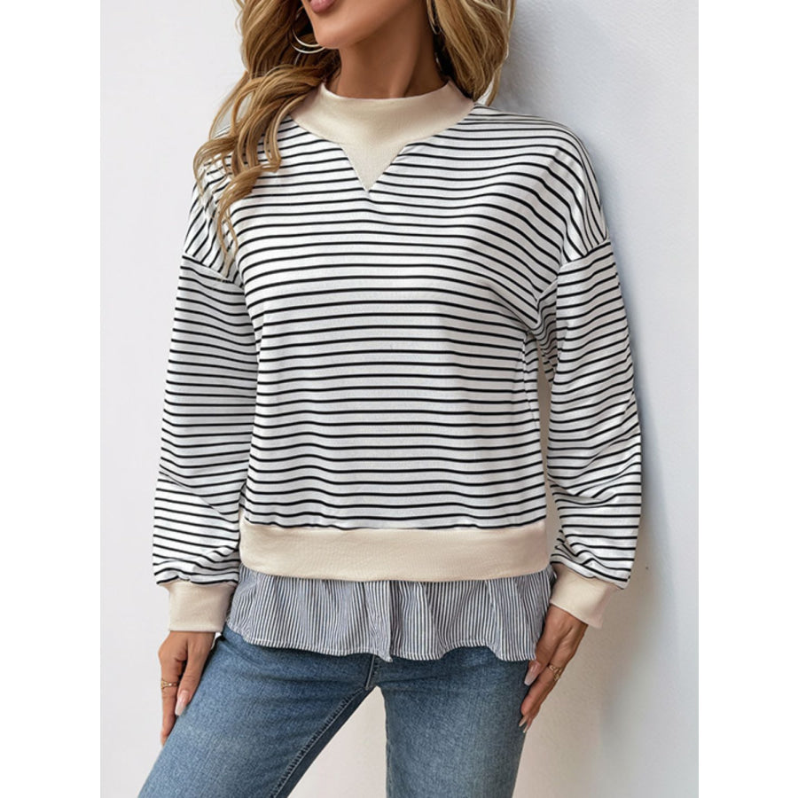 Perfee Faux Layered Striped Long Sleeve Sweatshirt Apparel and Accessories