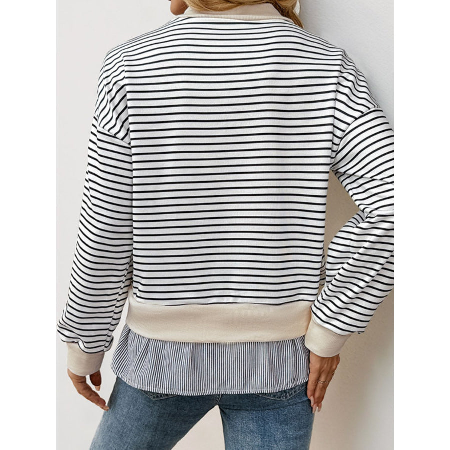 Perfee Faux Layered Striped Long Sleeve Sweatshirt Apparel and Accessories