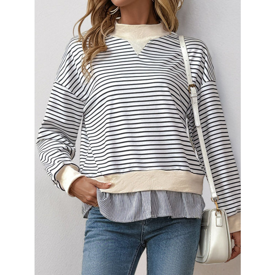 Perfee Faux Layered Striped Long Sleeve Sweatshirt Apparel and Accessories