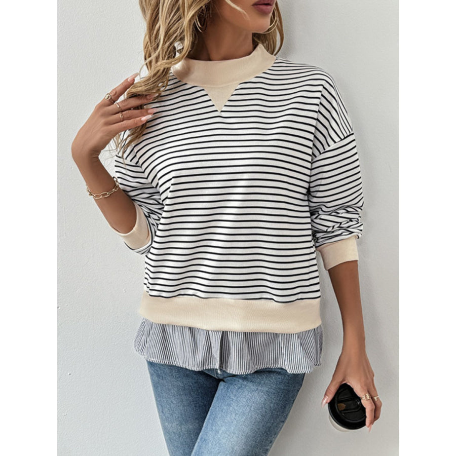 Perfee Faux Layered Striped Long Sleeve Sweatshirt Apparel and Accessories