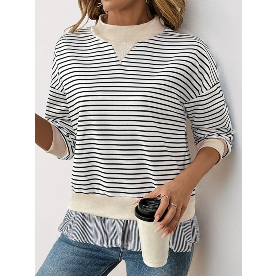 Perfee Faux Layered Striped Long Sleeve Sweatshirt White / S Apparel and Accessories