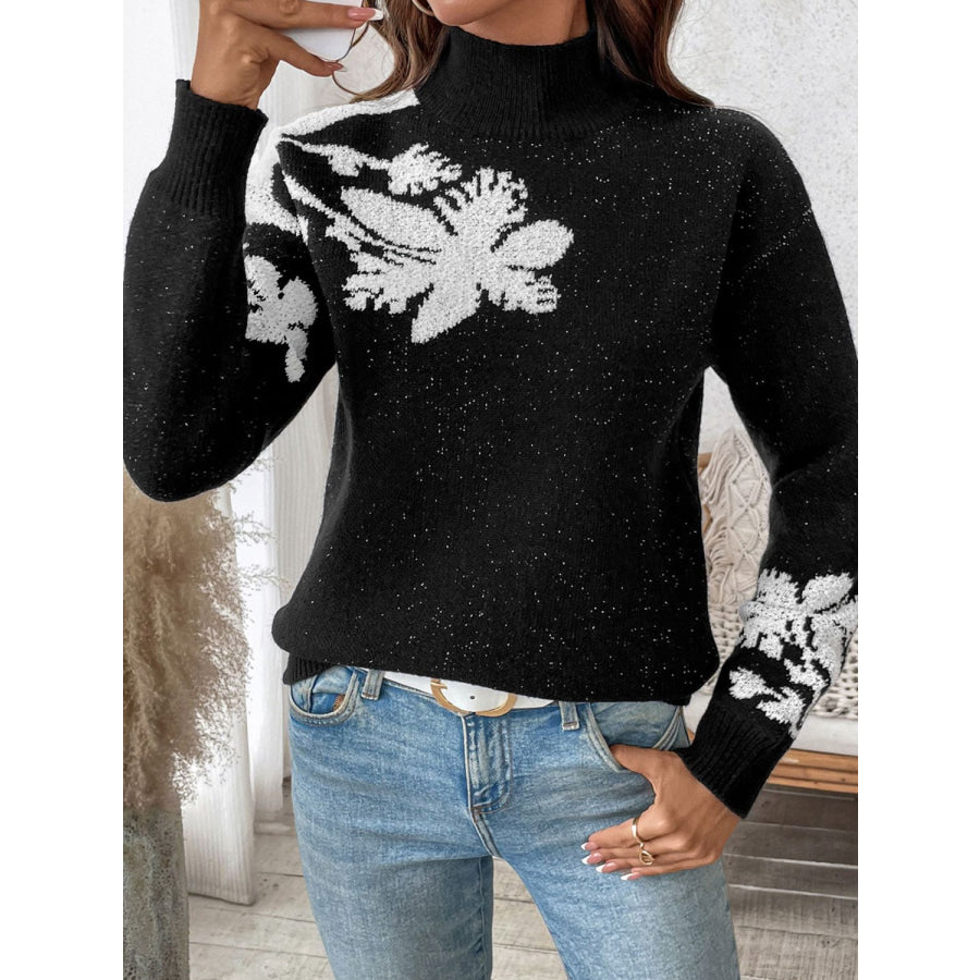 Perfee Flower Mock Neck Long Sleeve Sweater Apparel and Accessories