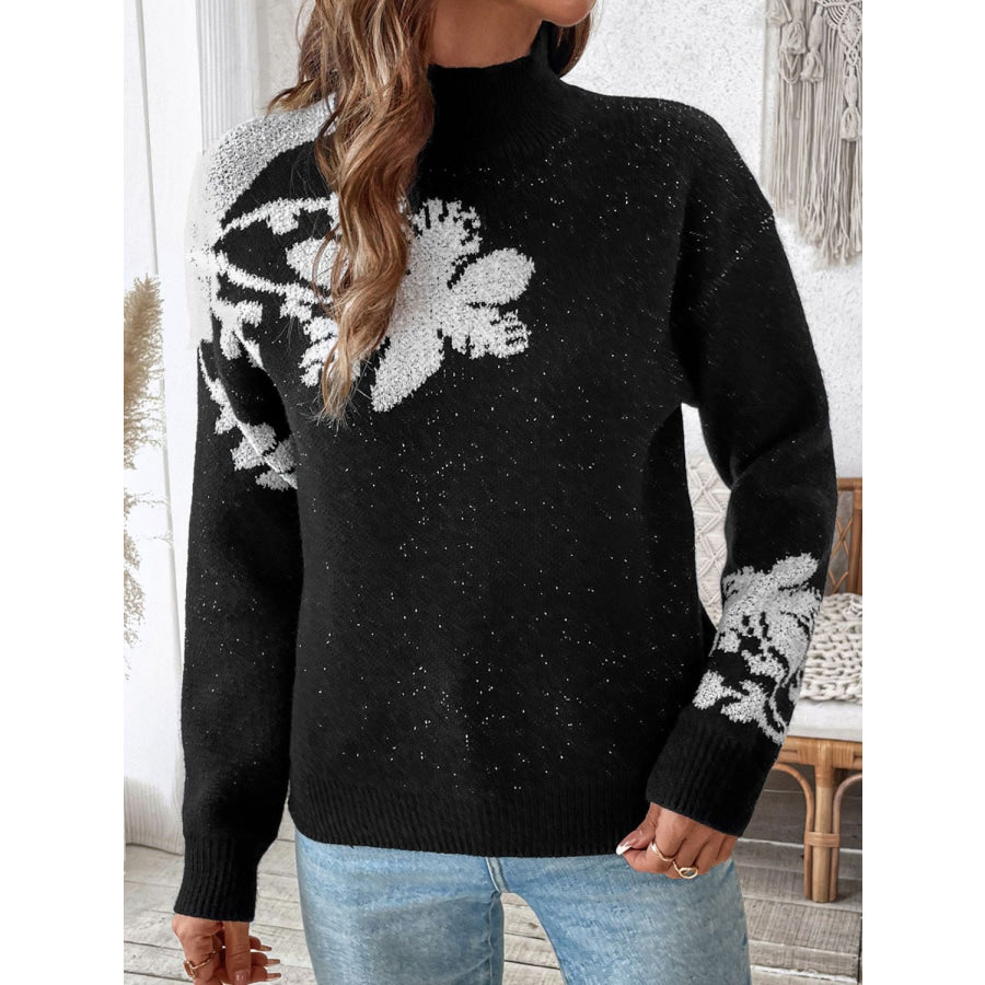 Perfee Flower Mock Neck Long Sleeve Sweater Apparel and Accessories