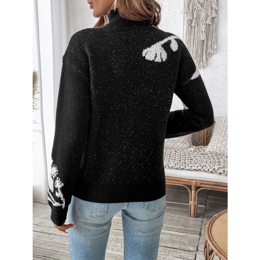 Perfee Flower Mock Neck Long Sleeve Sweater Apparel and Accessories