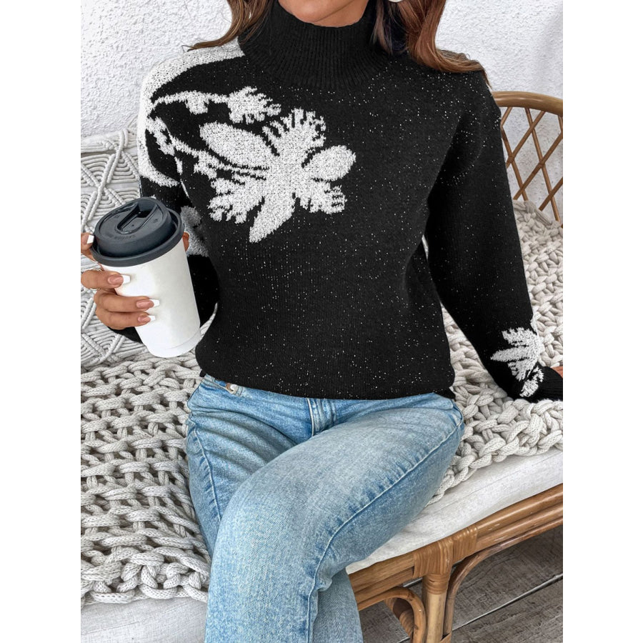 Perfee Flower Mock Neck Long Sleeve Sweater Apparel and Accessories