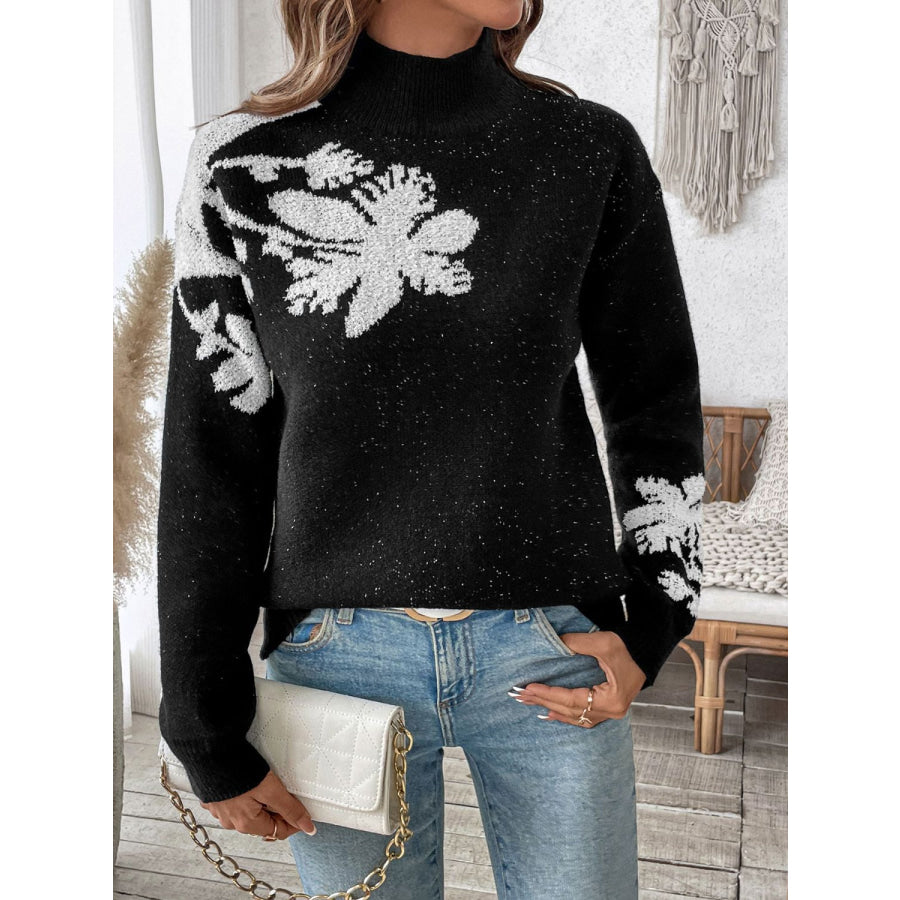 Perfee Flower Mock Neck Long Sleeve Sweater Black / S Apparel and Accessories