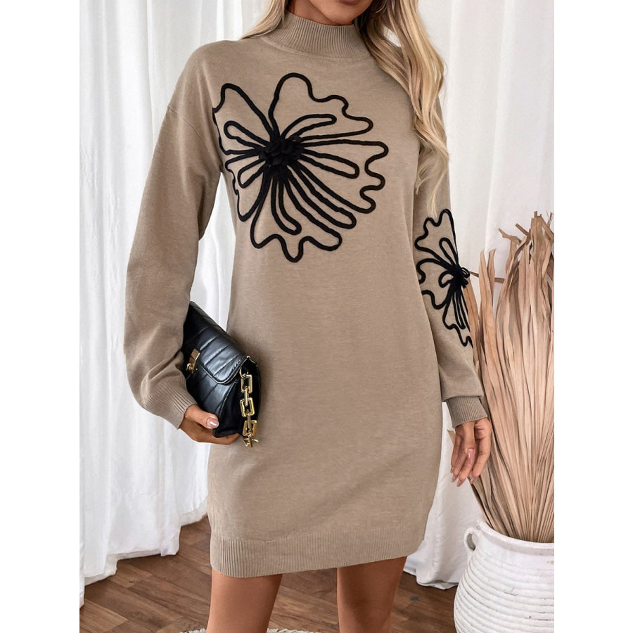 Perfee Flower Mock Neck Long Sleeve Sweater Dress Apparel and Accessories