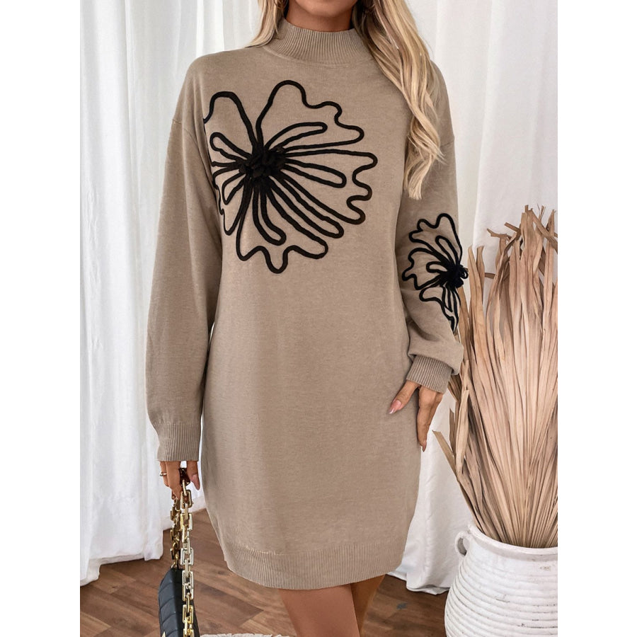 Perfee Flower Mock Neck Long Sleeve Sweater Dress Apparel and Accessories