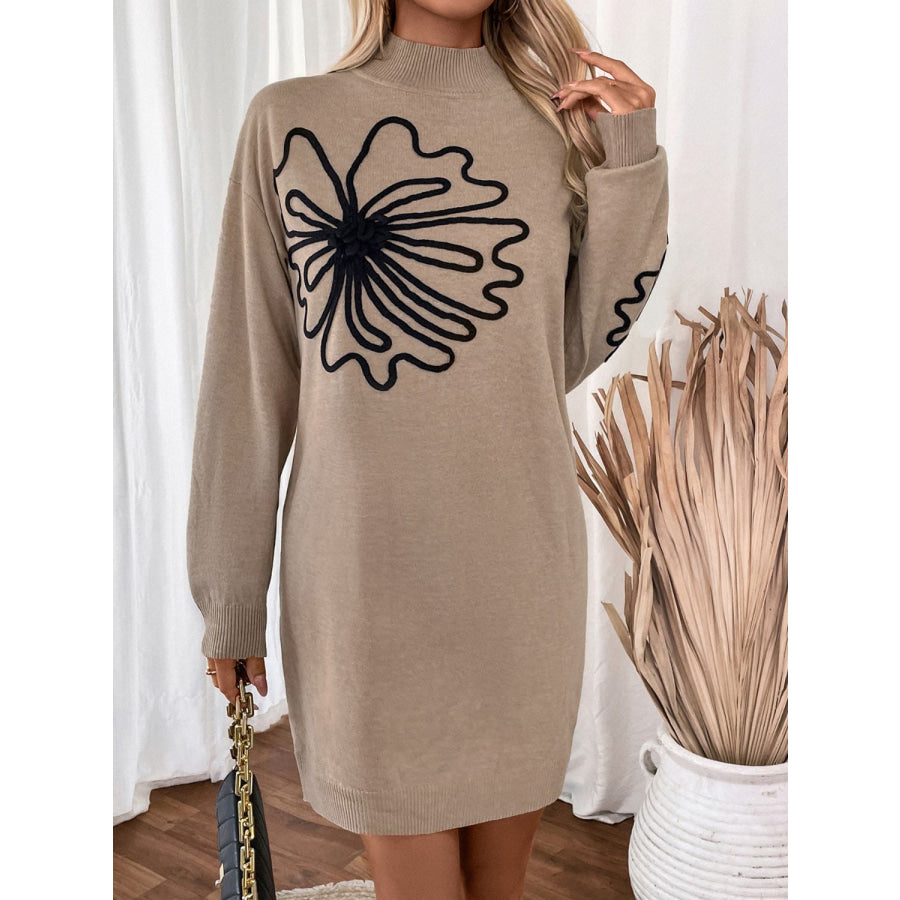 Perfee Flower Mock Neck Long Sleeve Sweater Dress Apparel and Accessories