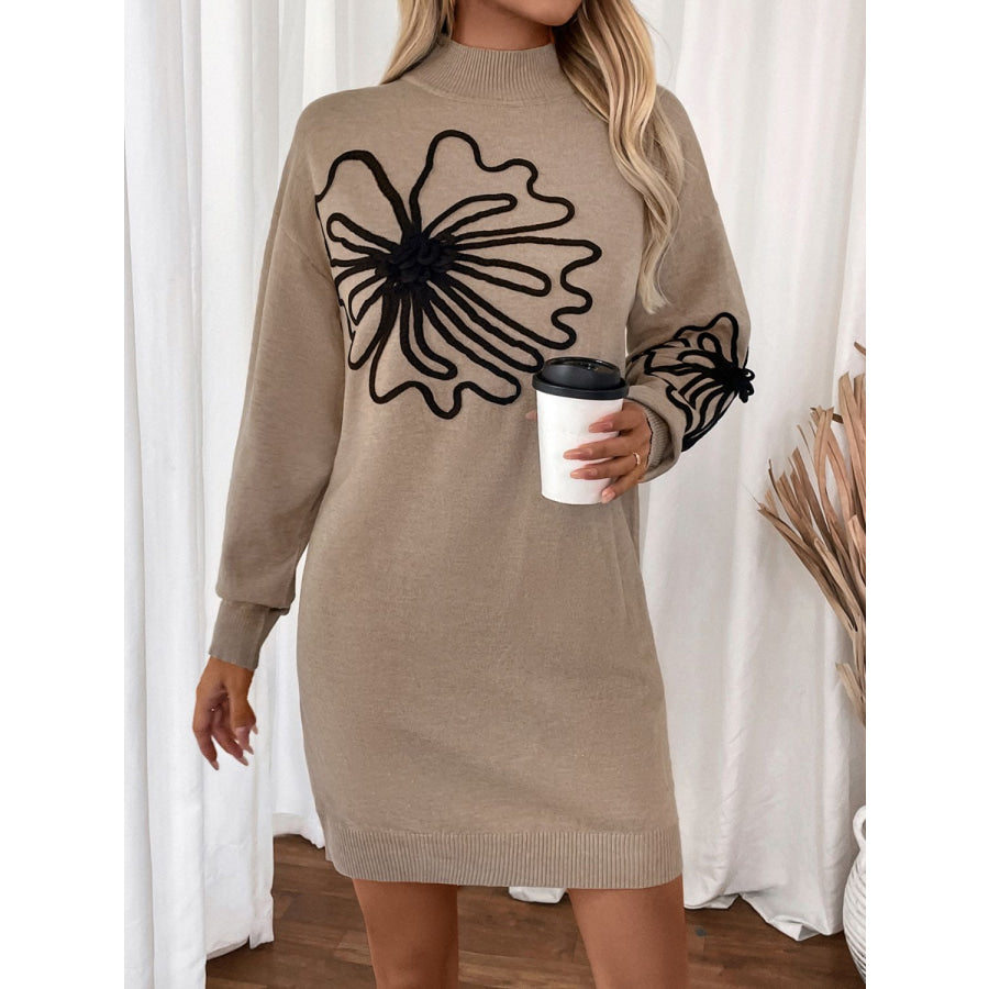 Perfee Flower Mock Neck Long Sleeve Sweater Dress Apparel and Accessories