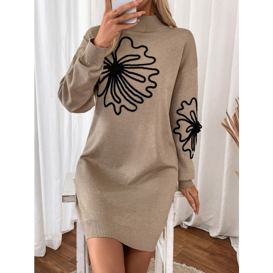 Perfee Flower Mock Neck Long Sleeve Sweater Dress Camel / S Apparel and Accessories