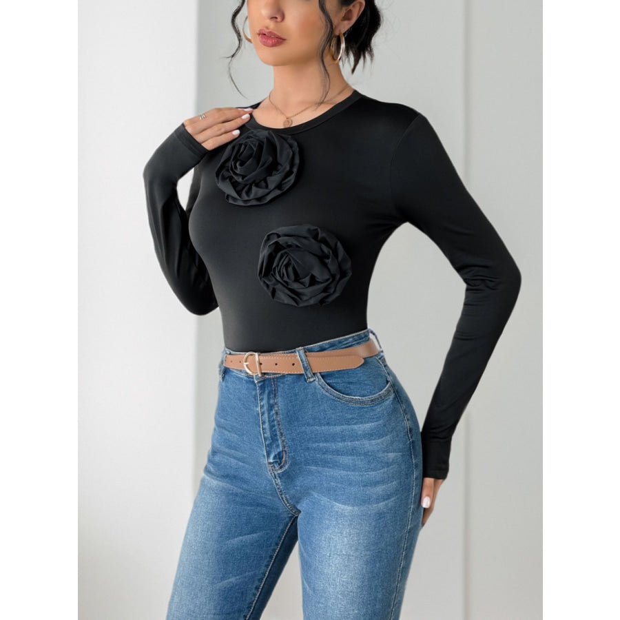 Perfee Flower Round Neck Long Sleeve Bodysuit Apparel and Accessories