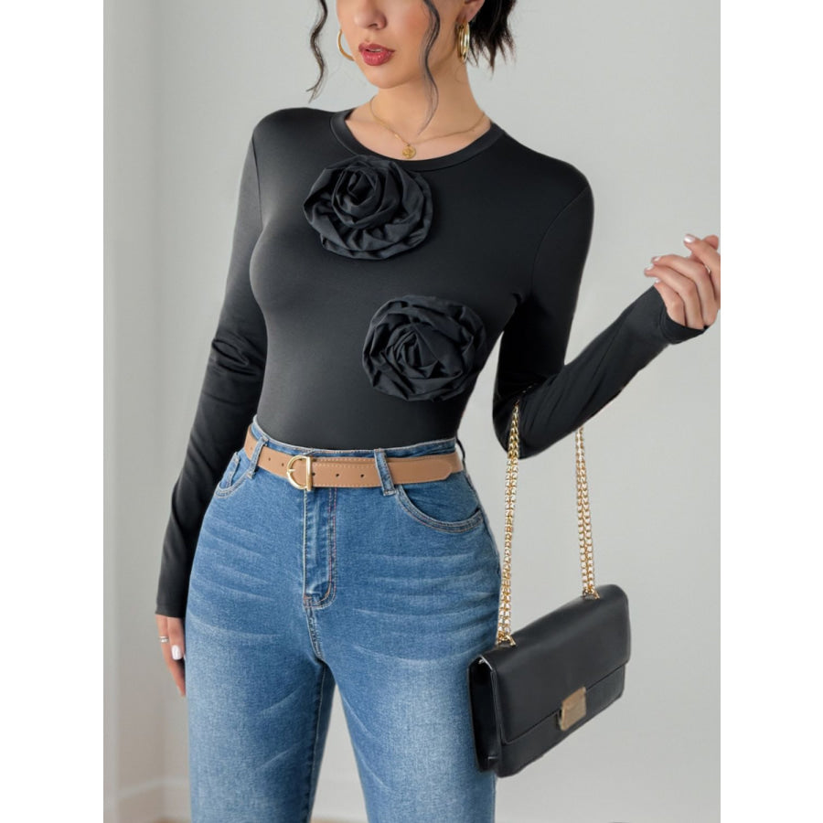 Perfee Flower Round Neck Long Sleeve Bodysuit Apparel and Accessories