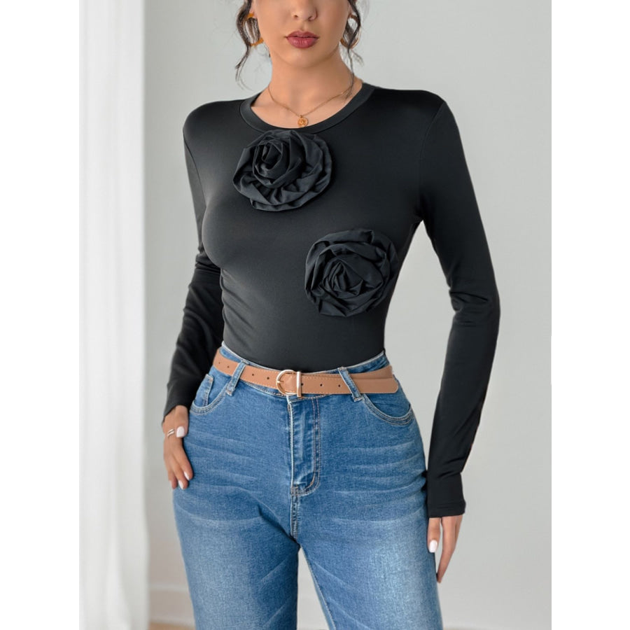 Perfee Flower Round Neck Long Sleeve Bodysuit Black / S Apparel and Accessories