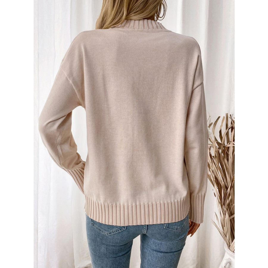 Perfee Flower Round Neck Long Sleeve Sweater Dust Storm / S Apparel and Accessories