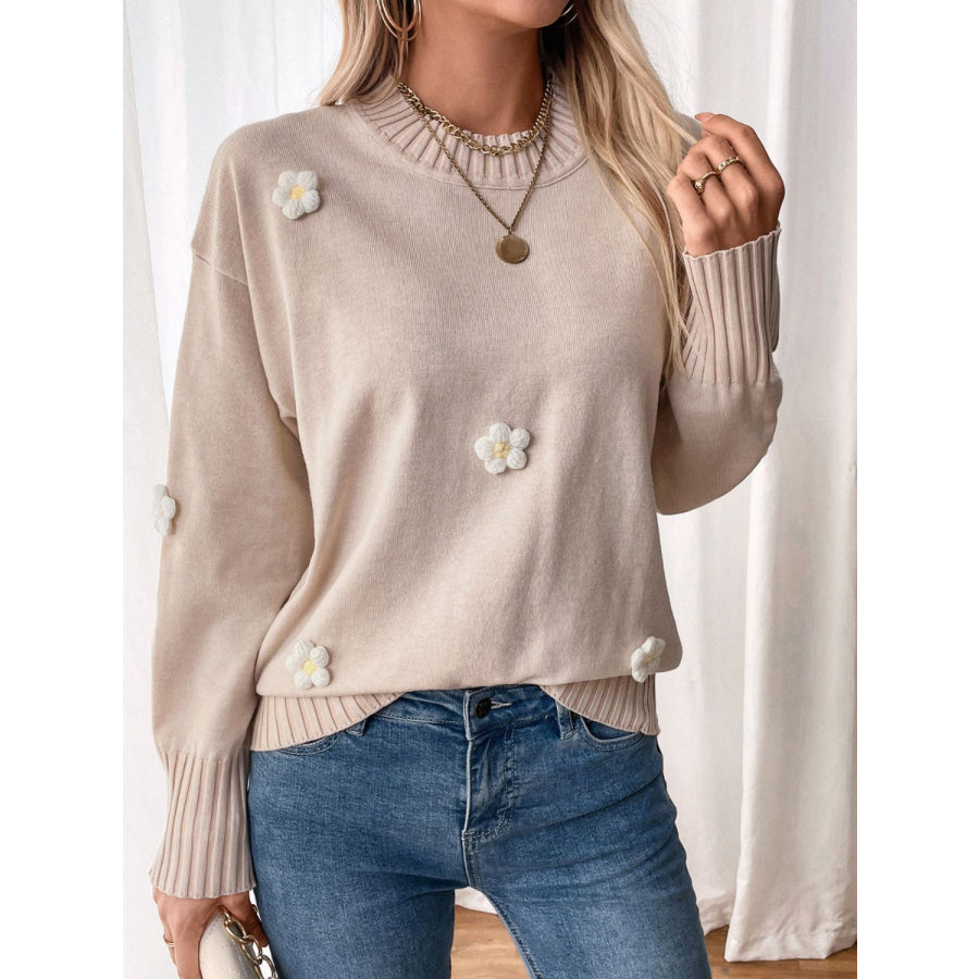 Perfee Flower Round Neck Long Sleeve Sweater Apparel and Accessories