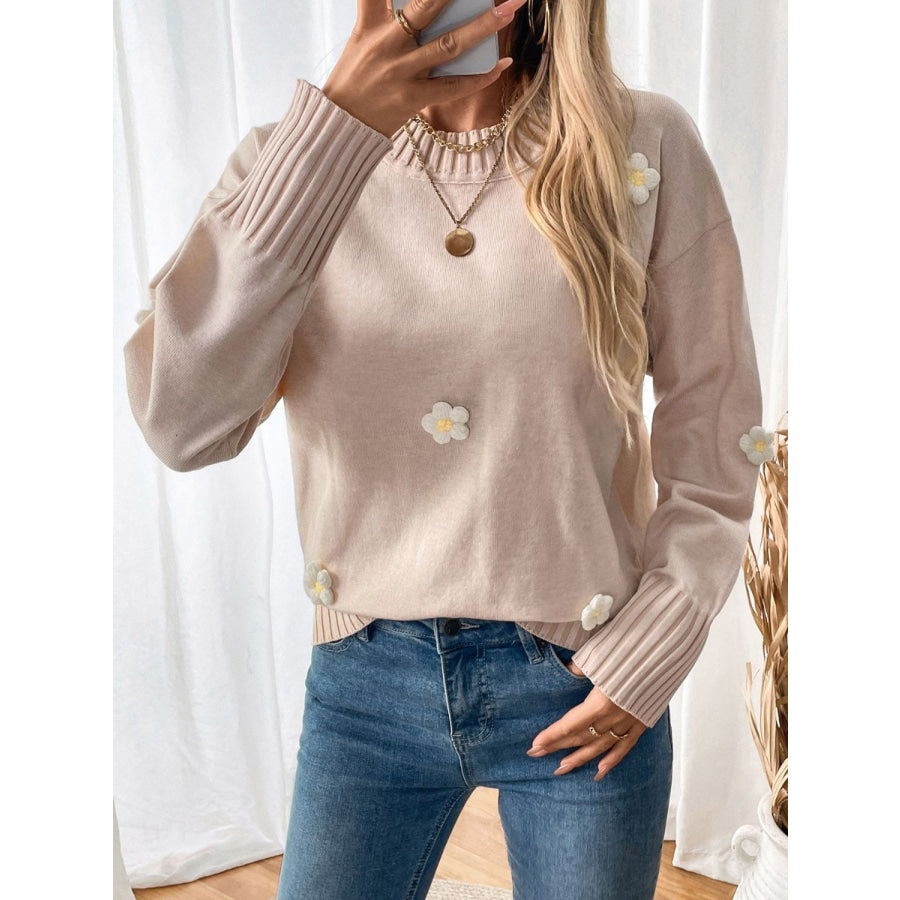 Perfee Flower Round Neck Long Sleeve Sweater Apparel and Accessories