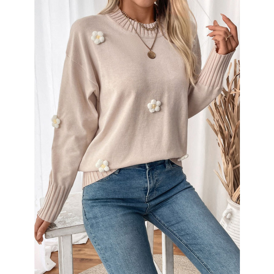 Perfee Flower Round Neck Long Sleeve Sweater Apparel and Accessories