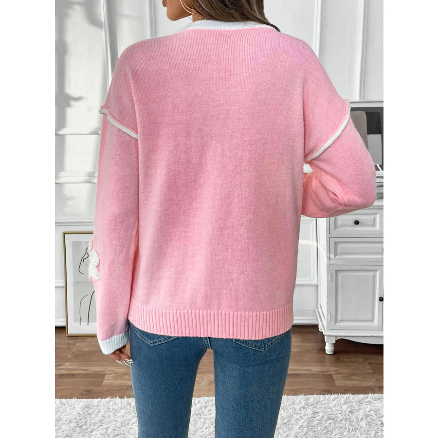 Perfee Flower V-Neck Long Sleeve Sweater Apparel and Accessories