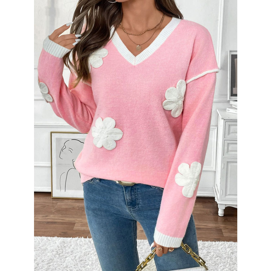 Perfee Flower V-Neck Long Sleeve Sweater Apparel and Accessories