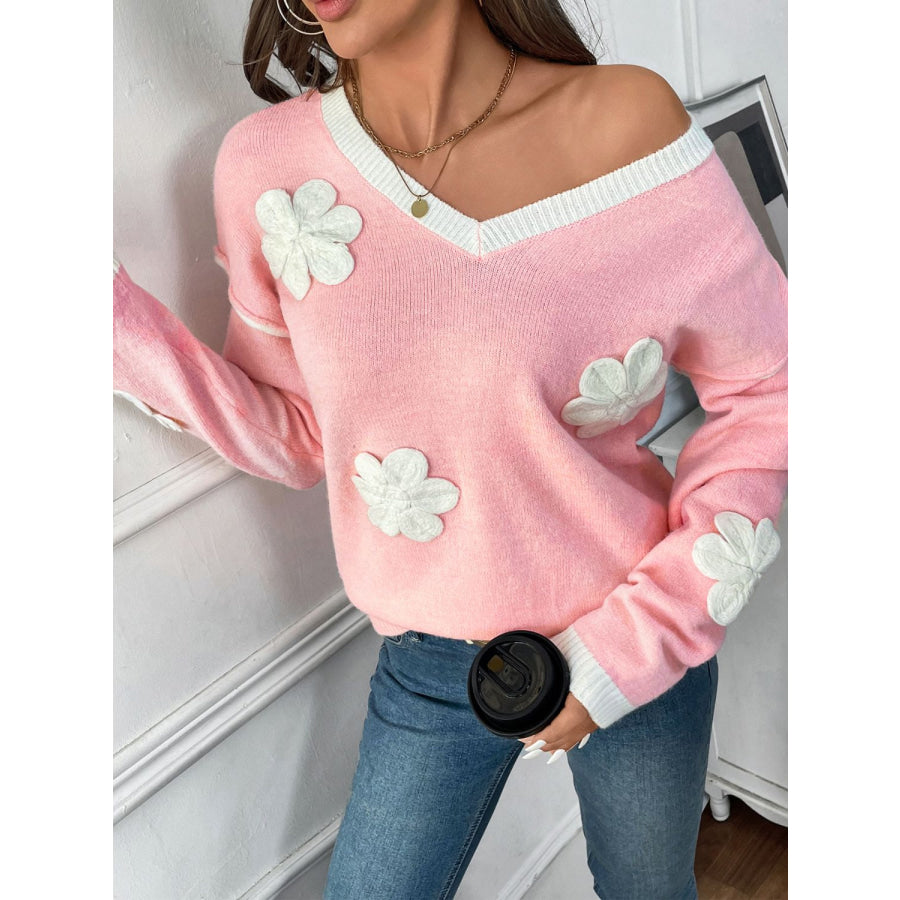 Perfee Flower V-Neck Long Sleeve Sweater Apparel and Accessories