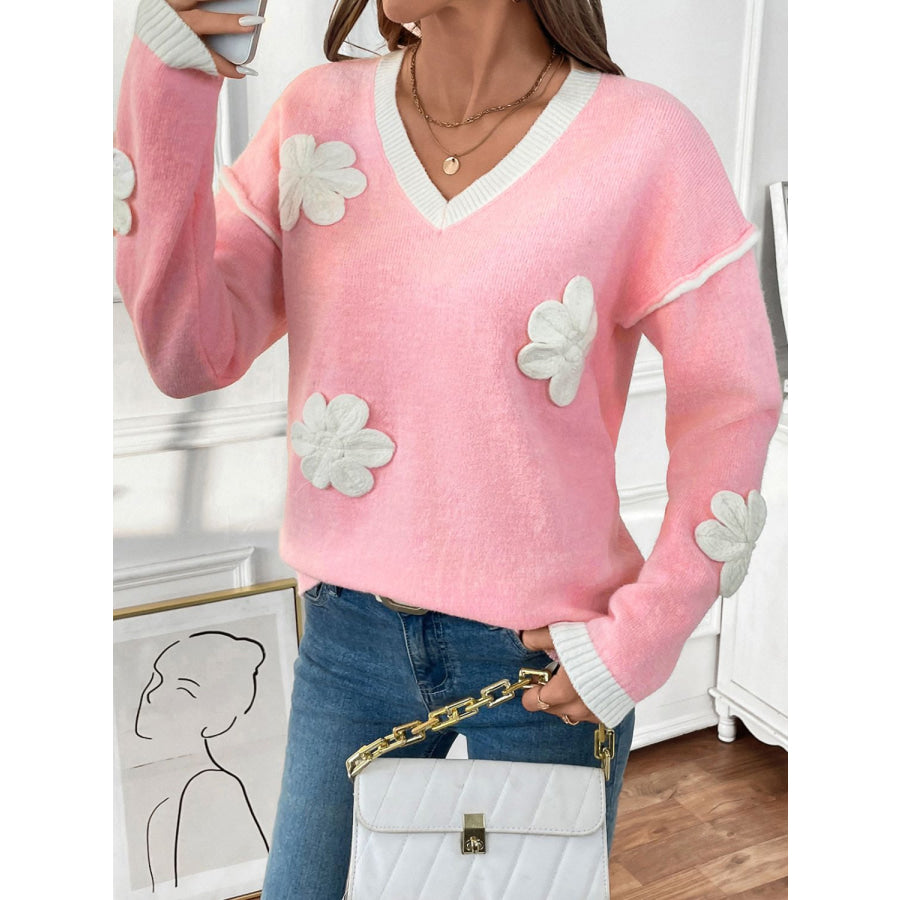 Perfee Flower V-Neck Long Sleeve Sweater Apparel and Accessories