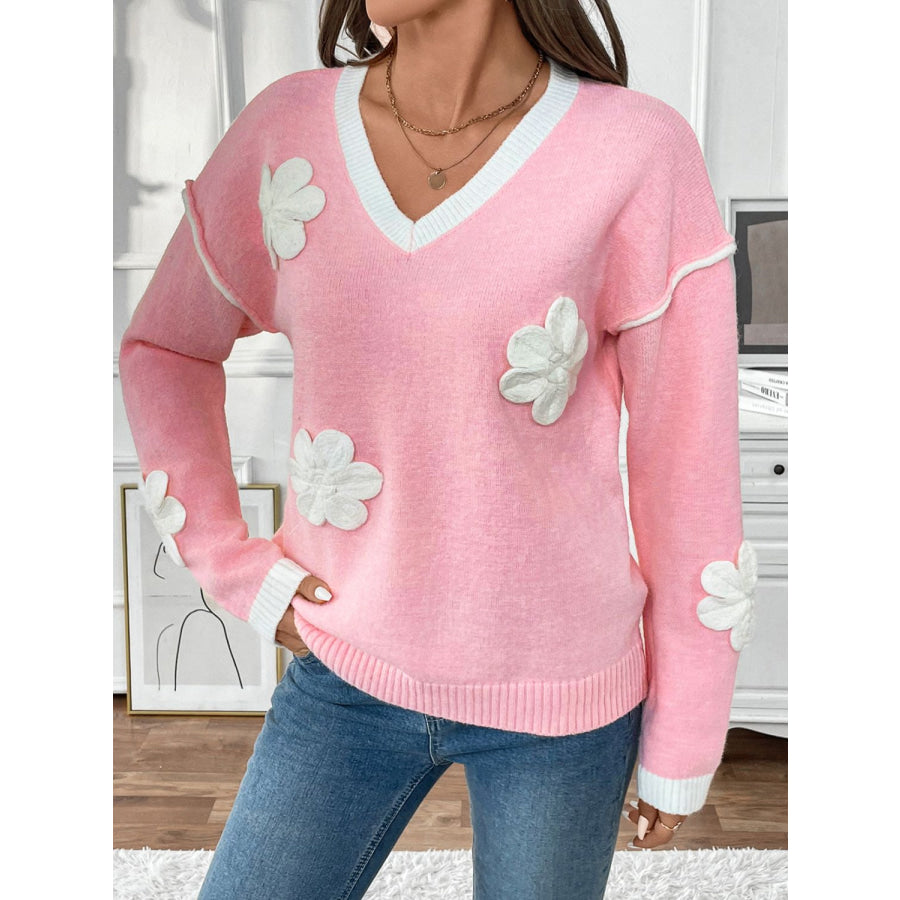 Perfee Flower V-Neck Long Sleeve Sweater Pink / S Apparel and Accessories