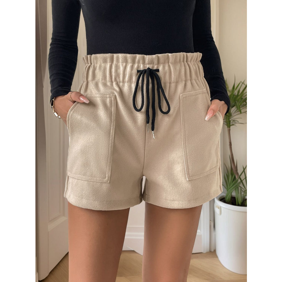 Perfee Frill Drawstring Shorts with Pockets Tan / S Apparel and Accessories