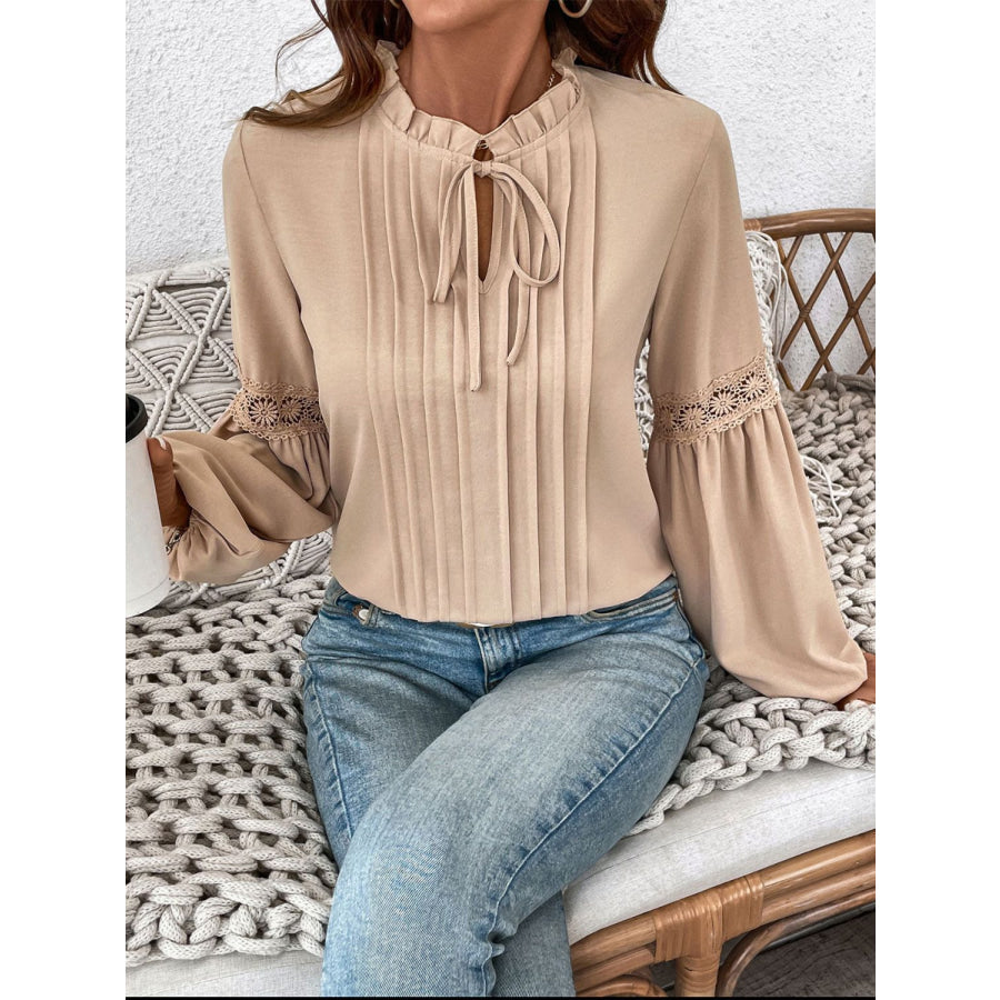 Perfee Frill Tie Neck Long Sleeve Blouse Apparel and Accessories