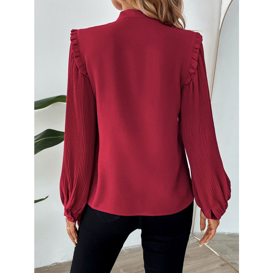 Perfee Frill Tie Neck Long Sleeve Blouse Apparel and Accessories