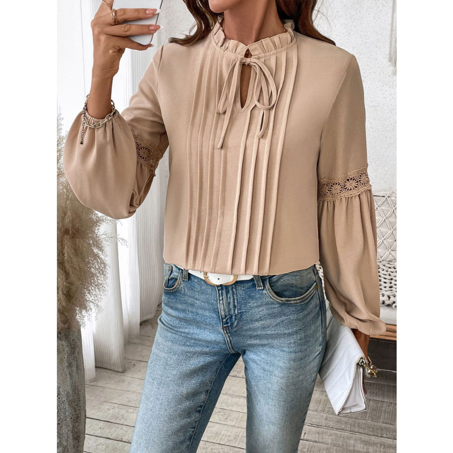 Perfee Frill Tie Neck Long Sleeve Blouse Apparel and Accessories