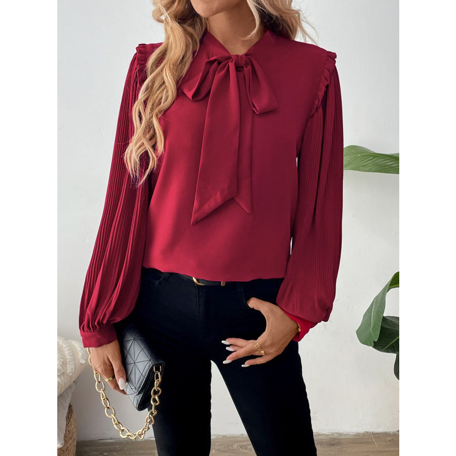 Perfee Frill Tie Neck Long Sleeve Blouse Apparel and Accessories