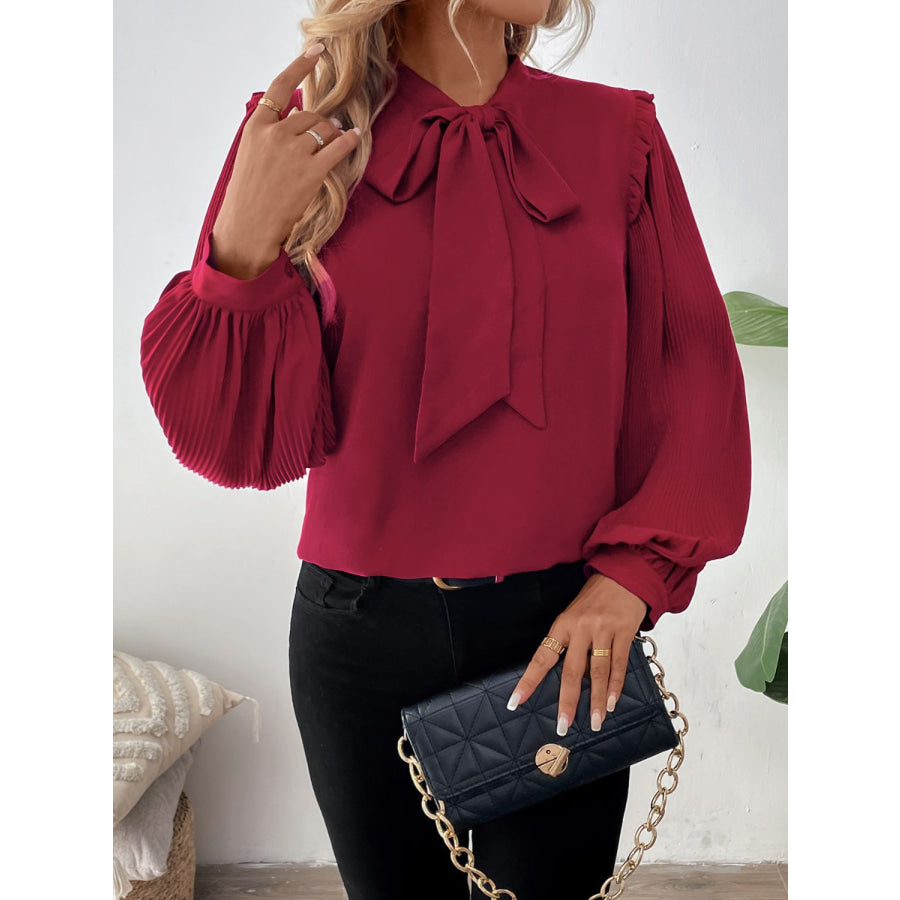 Perfee Frill Tie Neck Long Sleeve Blouse Apparel and Accessories