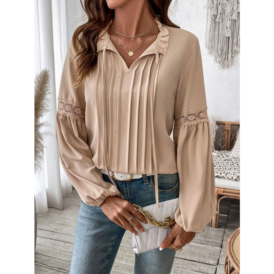 Perfee Frill Tie Neck Long Sleeve Blouse Apparel and Accessories