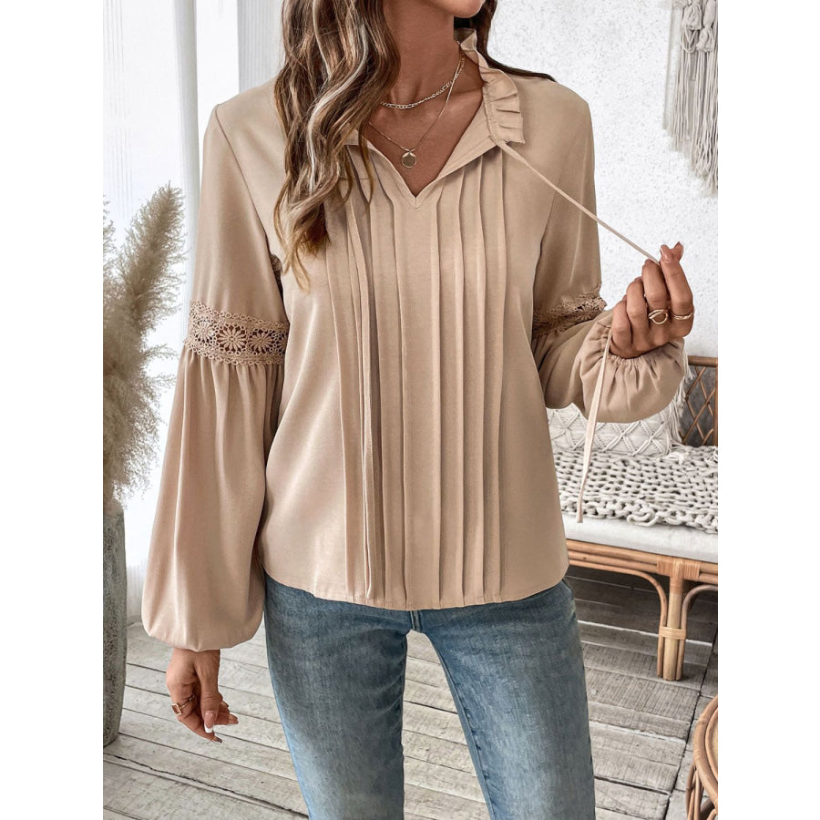 Perfee Frill Tie Neck Long Sleeve Blouse Apparel and Accessories