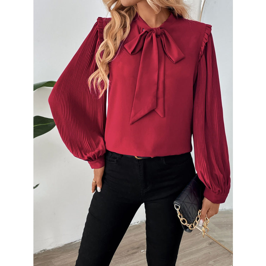 Perfee Frill Tie Neck Long Sleeve Blouse Apparel and Accessories